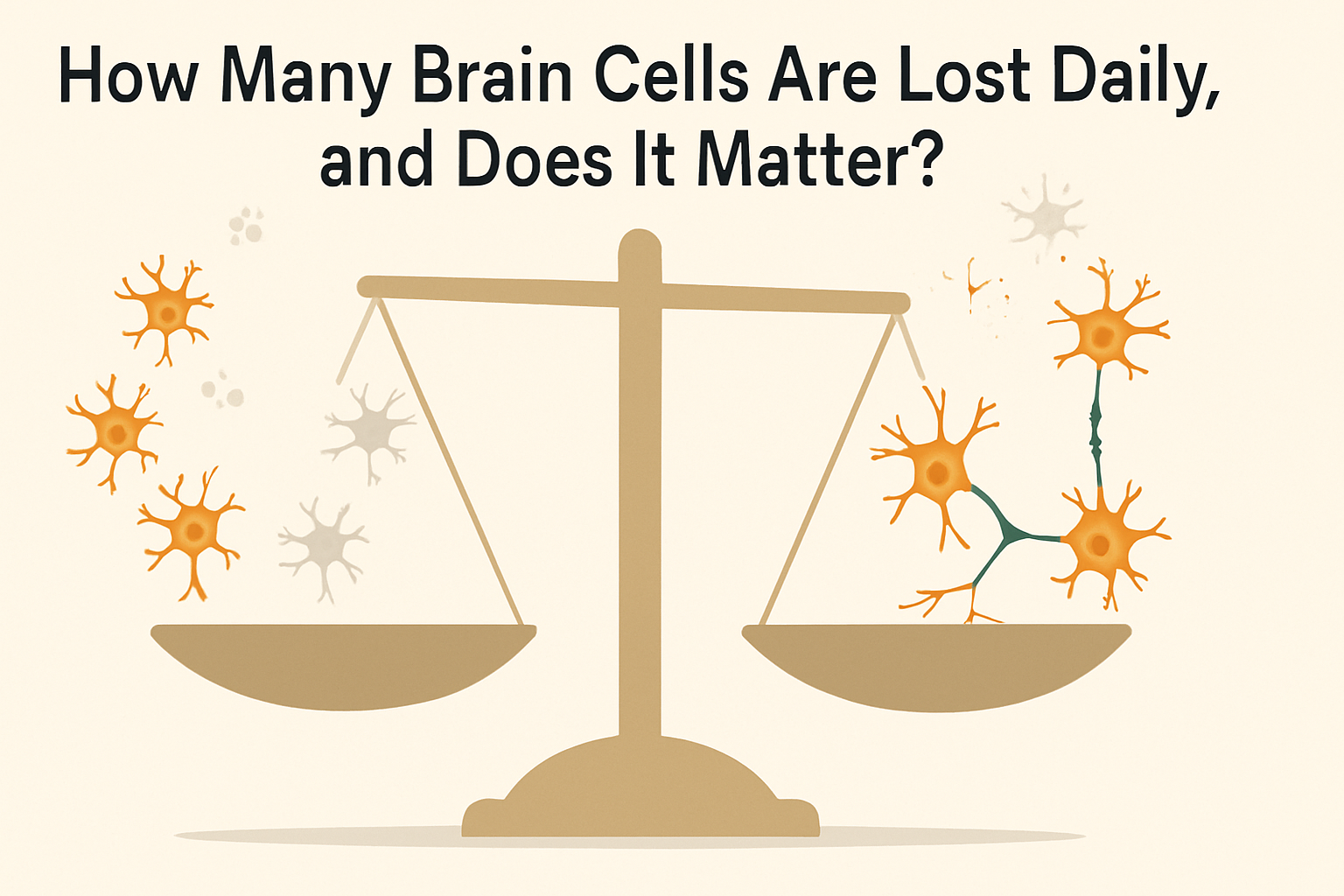 Balance scale depicting the gradual loss of neurons to represent how people lose brain cells daily versus brain plasticity and regeneration.