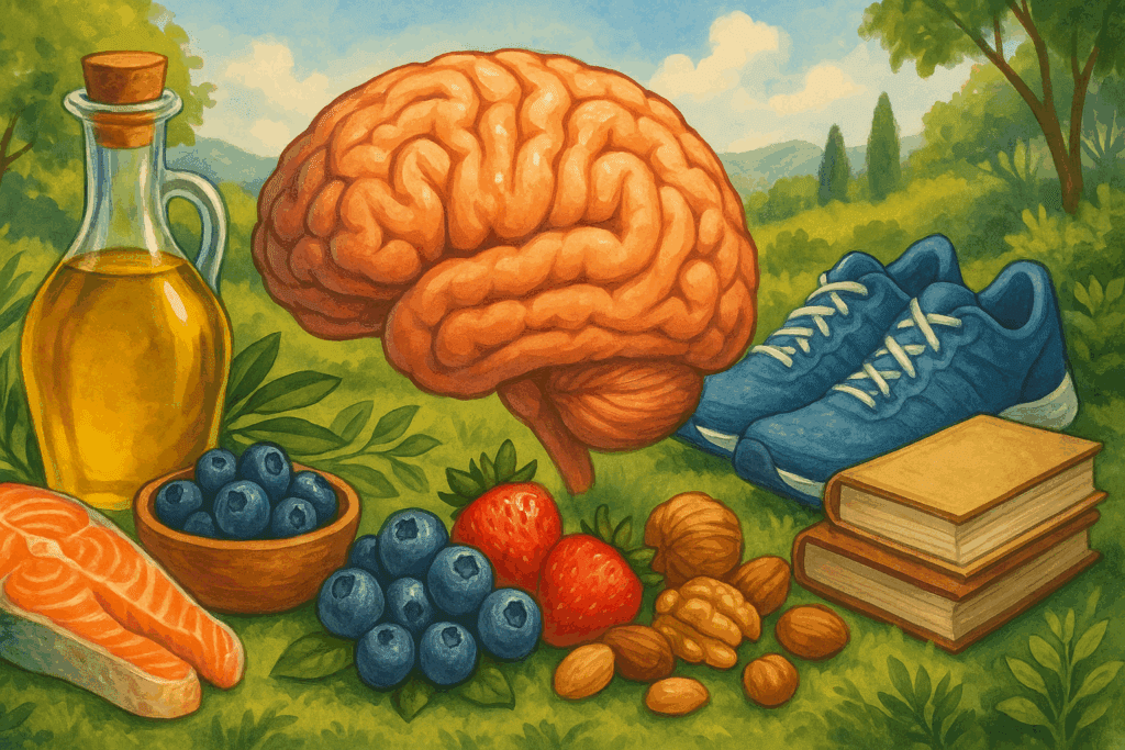 Healthy brain surrounded by Mediterranean-style foods like olive oil, salmon, blueberries, and nuts, as well as fitness gear, illustrating lifestyle choices that help prevent cognitive decline and avoid losing brain cells.