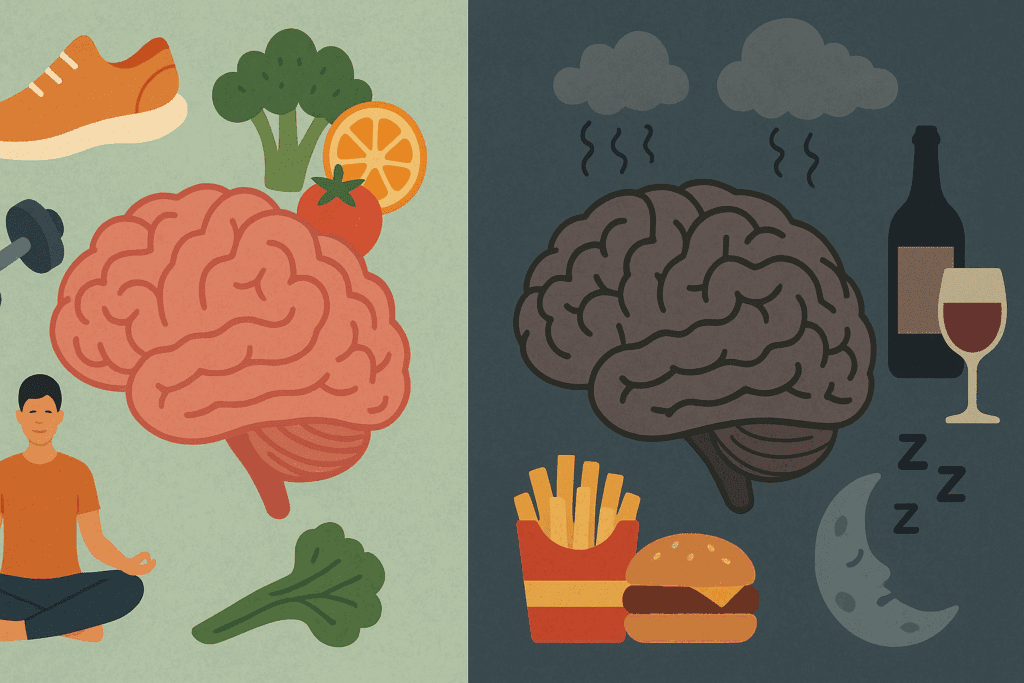 Split-screen illustration showing the impact of lifestyle on brain health. On the left, a healthy brain surrounded by symbols of fitness, healthy food, and meditation, while the right side depicts a brain surrounded by alcohol, stress, poor diet, and sleep deprivation. The image visually contrasts how poor lifestyle choices can contribute to lose brain cells.