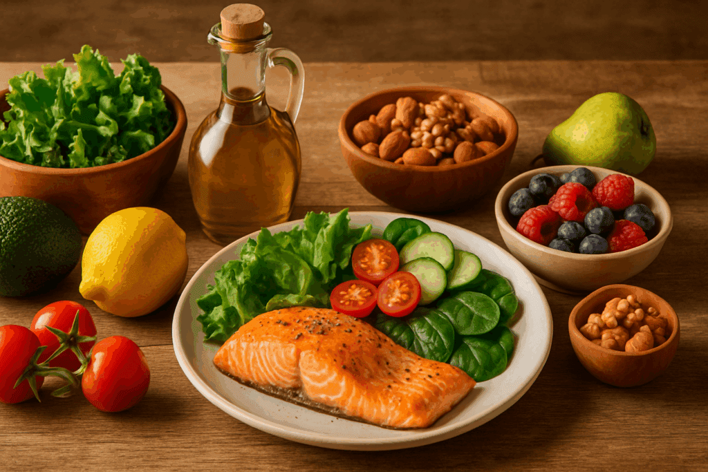 Vibrant Mediterranean meal featuring fresh salmon, leafy greens, nuts, colorful fruits, and olive oil, representing natural remedies and supplements for dementia through a wholesome die.