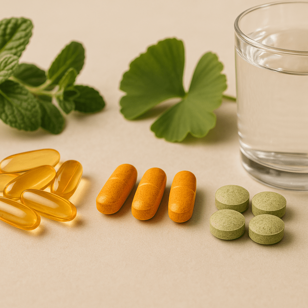 Natural remedies and supplements for dementia, featuring omega-3 capsules, curcumin tablets, and Ginkgo biloba, arranged with herbal leaves and a glass of water on a clean surface to promote brain health.