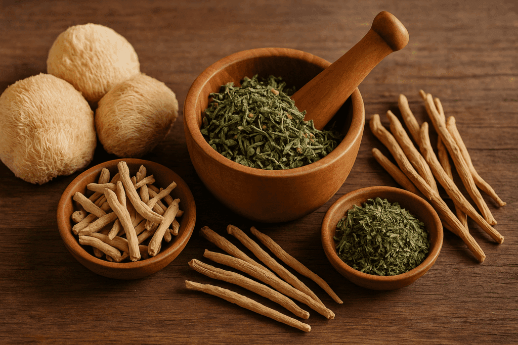 Selection of dried herbs including bacopa monnieri, ashwagandha, and lion's mane mushrooms, arranged on a wooden surface with a mortar and pestle, representing natural remedies and supplements for dementia.