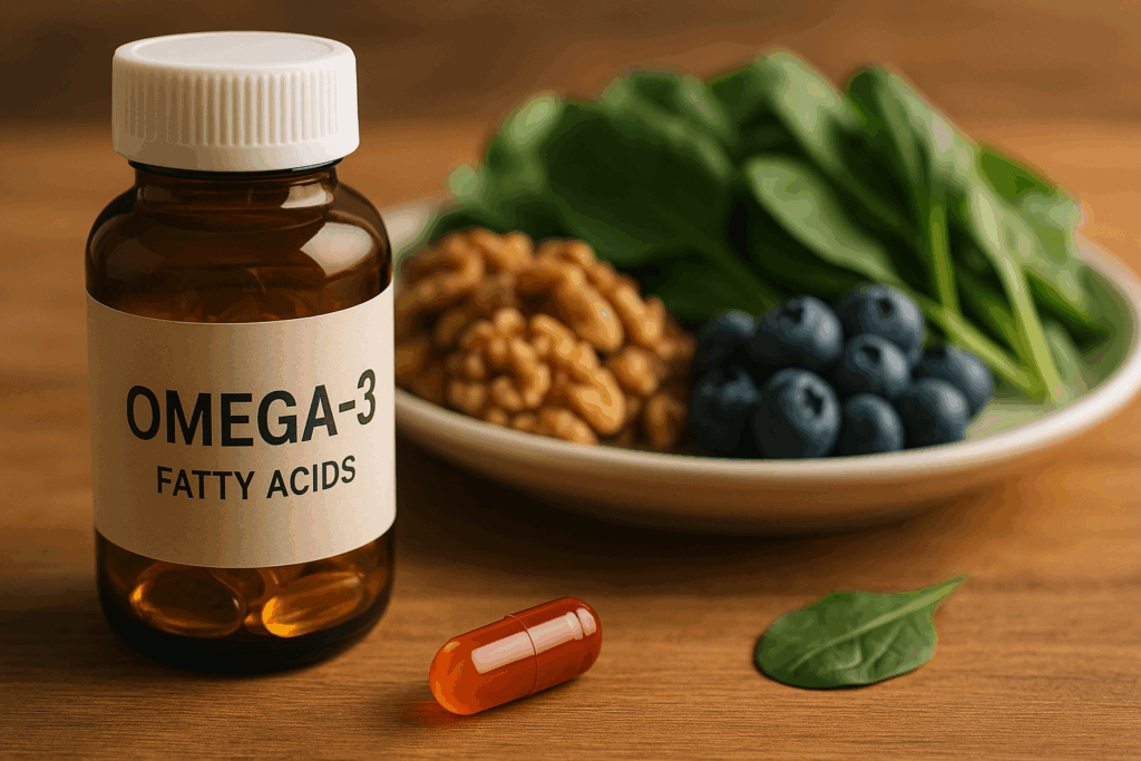 Omega-3 fatty acids supplement bottle and Vitamin B12 capsule next to a plate of walnuts, blueberries, and leafy greens, highlighting natural remedies and supplements for dementia prevention.