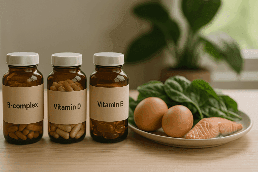 Amber bottles of B-complex, Vitamin D, and Vitamin E supplements placed next to brain-boosting foods like eggs, spinach, and salmon, illustrating natural remedies and supplements for dementia.