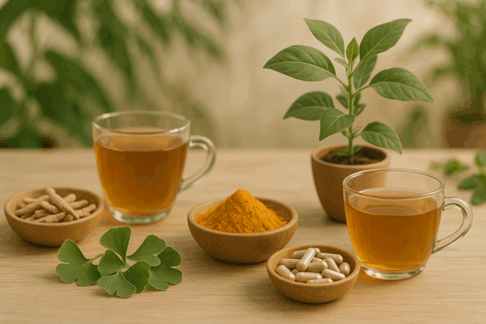 Natural remedies and supplements for dementia displayed on a wooden table, featuring herbal teas, turmeric, Ginkgo Biloba, and Ashwagandha in a serene, nature-inspired setting.