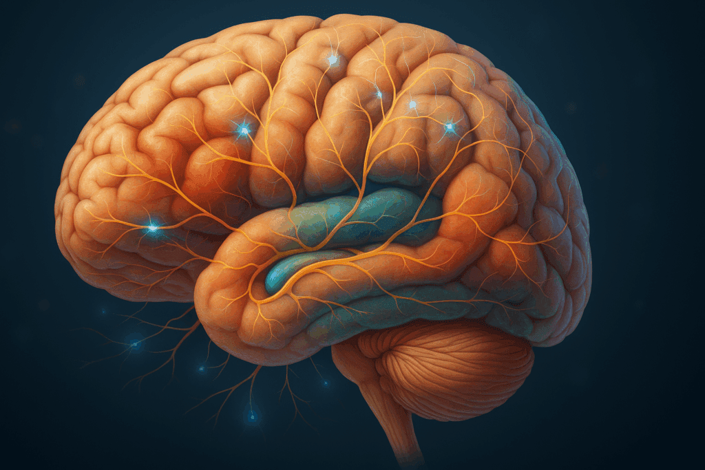 Detailed anatomical representation of a healthy brain showing vibrant neural pathways, highlighting the hippocampus, prefrontal cortex, and temporal lobes, with active synaptic connections and neuroplasticity, demonstrating the contrast of a Healthy Brain vs. Dementia Brain.