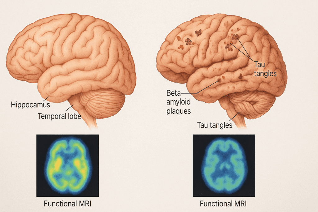 Healthy Brain vs. Dementia Brain comparison, showing differences in brain regions like the hippocampus, temporal lobes, and frontal cortex, with the dementia brain displaying atrophy, beta-amyloid plaques, tau tangles, and reduced brain activity in functional MRI scans.
