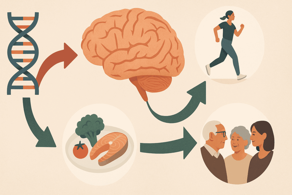 Illustration showing the interplay between genetic risk factors for dementia and modifiable lifestyle choices like exercise, diet, and social engagement, emphasizing strategies for maintaining a healthy brain and preventing cognitive decline.
