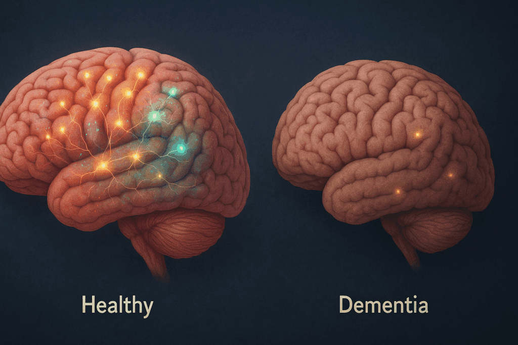 Healthy Brain vs. Dementia Brain comparison showing vibrant cognitive functions in a healthy brain and declining cognitive performance in a dementia-affected brain, highlighting memory recall, language, and executive function in the healthy brain versus memory lapses and impairments in abstract thinking in the dementia brain.