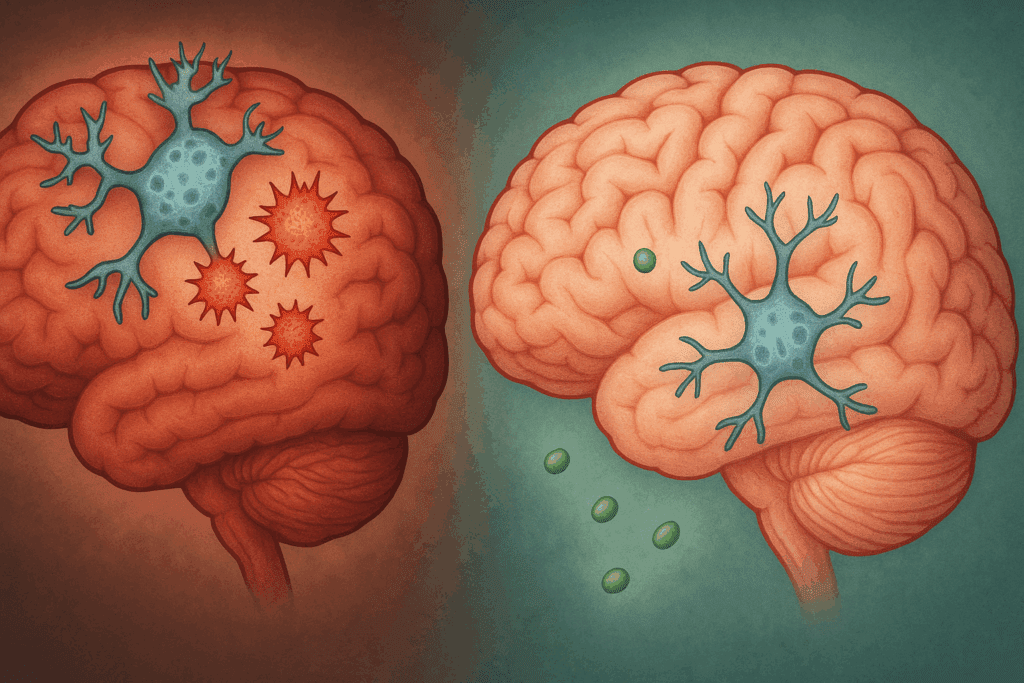 Healthy Brain vs. Dementia Brain illustration comparing inflammation and oxidative stress in a dementia-affected brain versus a healthy brain, showing active microglial cells and antioxidant activity.