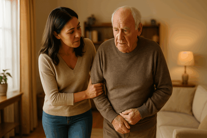 Caregiver assisting a dementia patient in a warm home environment, symbolizing support and the emotional challenges of caregiving. This image highlights a compassionate scene of helping a loved one with dementia, evoking feelings of empathy and care. Perfectly aligned with the topic 'How to Get Free Care for Dementia Patients.