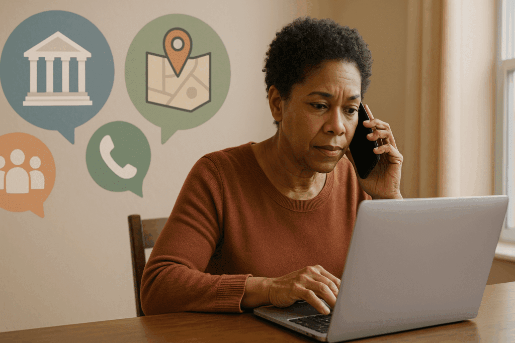 Middle-aged African American woman researching How to Get Free Care for Dementia Patients on a laptop and phone, surrounded by icons representing community resources and government assistance.