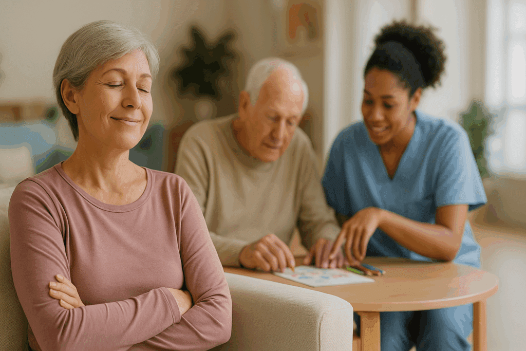 Caregiver taking a peaceful break while professional caregiver assists a person with dementia with a crafting activity at a respite care center. This scene highlights the importance of caregiver relief and support for dementia patients.