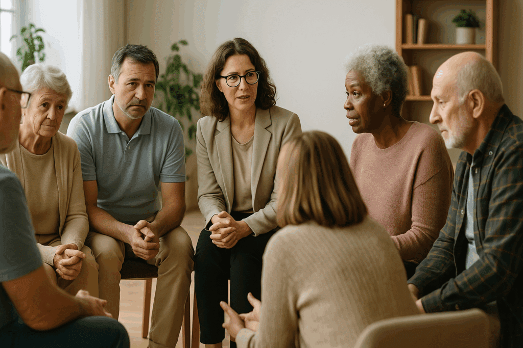 Group of dementia caregivers in a support session, guided by a therapist, sharing advice and stories in a compassionate, supportive environment. The discussion focuses on how to get free care for dementia patients.