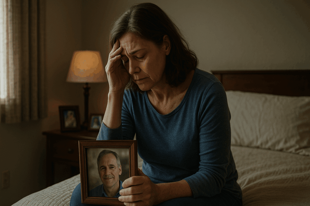 Middle-aged caregiver holding a photo of her spouse, reflecting on the emotional toll of caring for a loved one with dementia, in a softly lit bedroom. This image illustrates the emotional burden of caregiving and the challenges of supporting a dementia patient, perfect for understanding how to get free care for dementia patients.