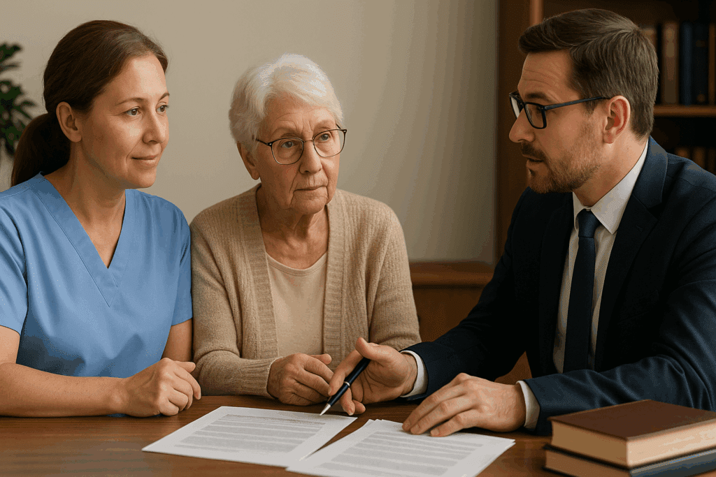 Caregiver and elder law attorney discussing legal planning documents like powers of attorney and advance directives, providing support for families of dementia patients. A warm, professional setting for understanding how to get free care for dementia patients.