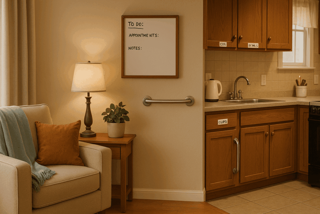 Cozy home environment with practical adjustments for dementia care, featuring grab bars, labeled kitchen cabinets, and memory aids to enhance safety and comfort for dementia patients. This image illustrates how to get free care for dementia patients by making simple, effective home modifications.