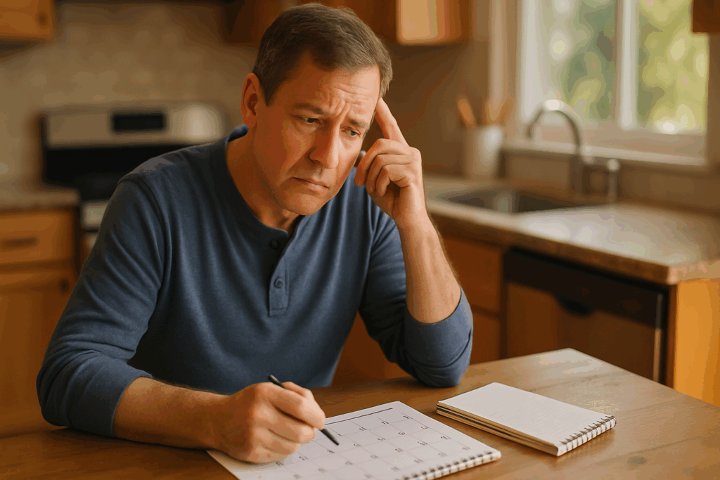 Middle-aged man showing early signs of forgetfulness in older adults while thoughtfully reviewing a calendar and notes at a sunlit kitchen table.