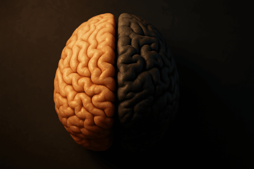 Split view of a human brain illustrating Forgetfulness in Older Adults, with one side vibrant and healthy and the other side shadowed and deteriorating.