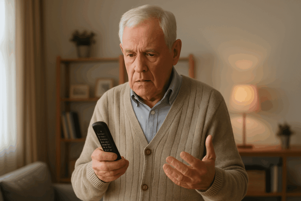 Elderly man in a cozy living room looking confused while holding a TV remote upside down, symbolizing forgetfulness in older adults.