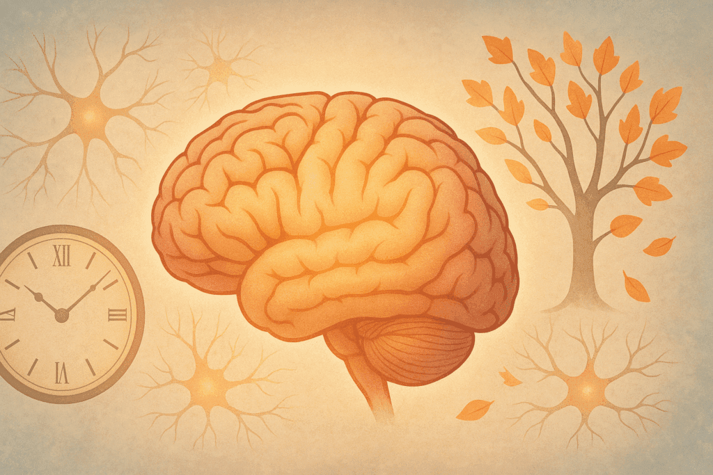 Glowing human brain surrounded by an autumn tree, vintage clock, and neurons, symbolizing forgetfulness in older adults and natural memory changes.