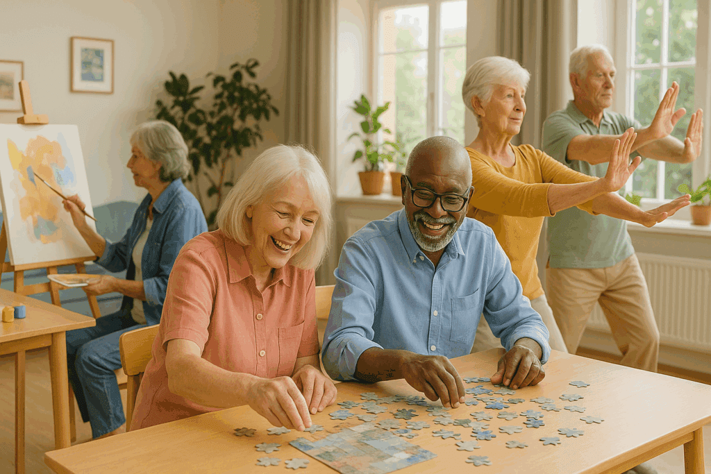 Older adults participating in brain-stimulating activities like puzzles, painting, and tai chi to support cognitive health and reduce forgetfulness in older adults.