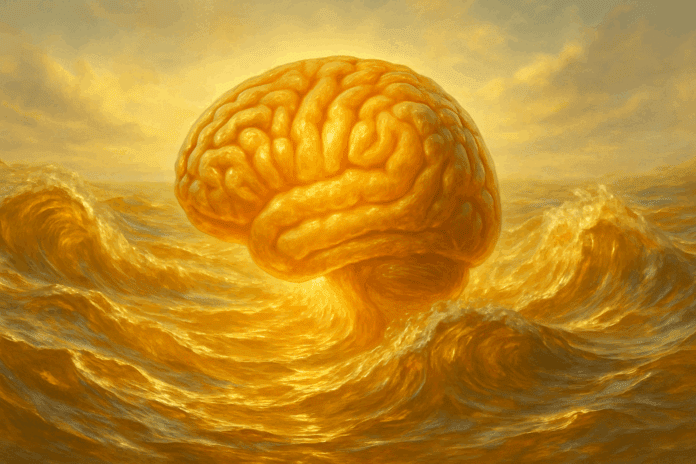 Glowing human brain emerging from dynamic golden waves symbolizing fish oil and omega-3 benefits for cognitive health.