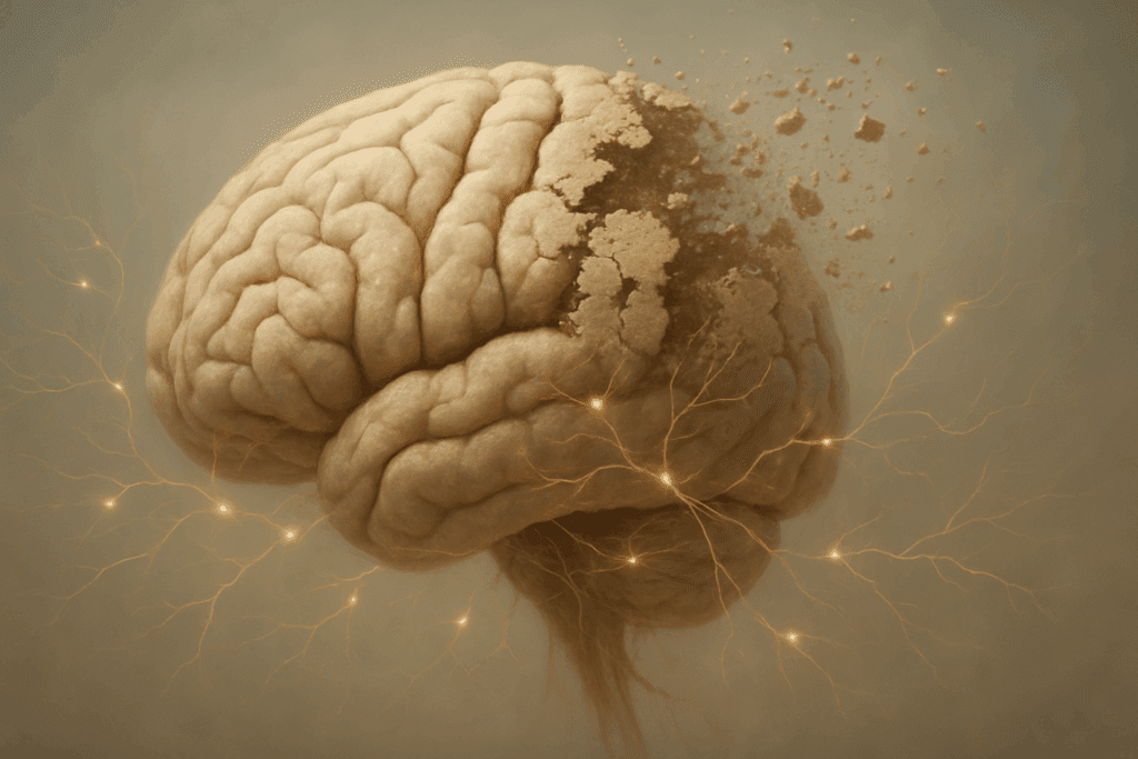 Brain deteriorating like crumbling sand with glowing neural pathways repairing damage, symbolizing effects of fish oil and omega-3 on cognitive health.