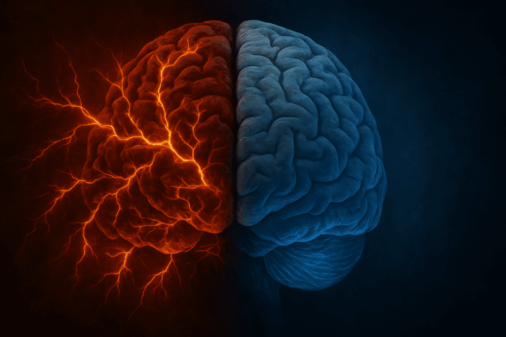 Brain divided between inflamed neural pathways and calming blue light, illustrating the effects of fish oil and omega-3 on inflammation.