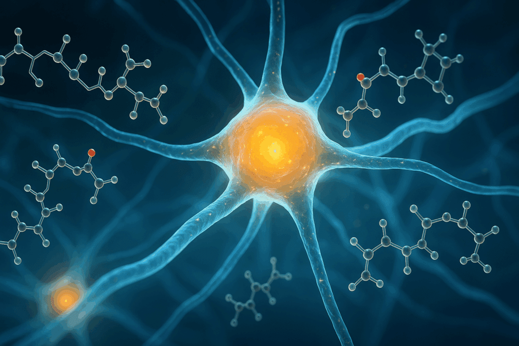 Fish oil and omega-3 molecules supporting and strengthening glowing neuron membranes in a vibrant brain network.