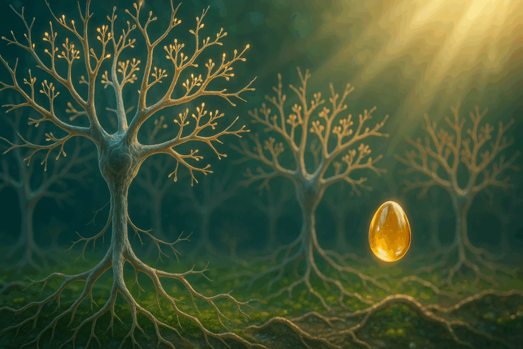 Neurons sprouting vibrant synaptic connections illuminated by light beams, symbolizing brain regeneration supported by fish oil and omega-3.