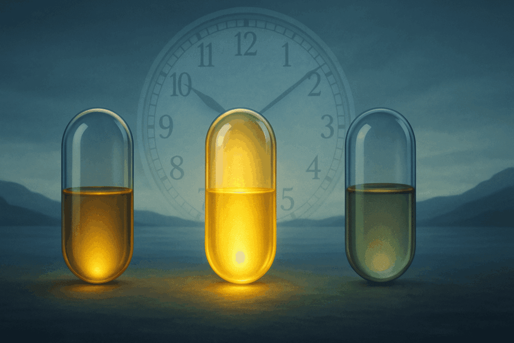 Three glowing glass capsules representing different types of fish oil and omega-3 supplements with a faint clock in the background hinting at timing for optimal absorption.
