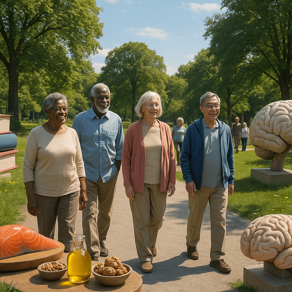 Elderly people walking in a vibrant park with brain sculptures, books, and tables displaying fish oil and omega-3 foods promoting brain health.