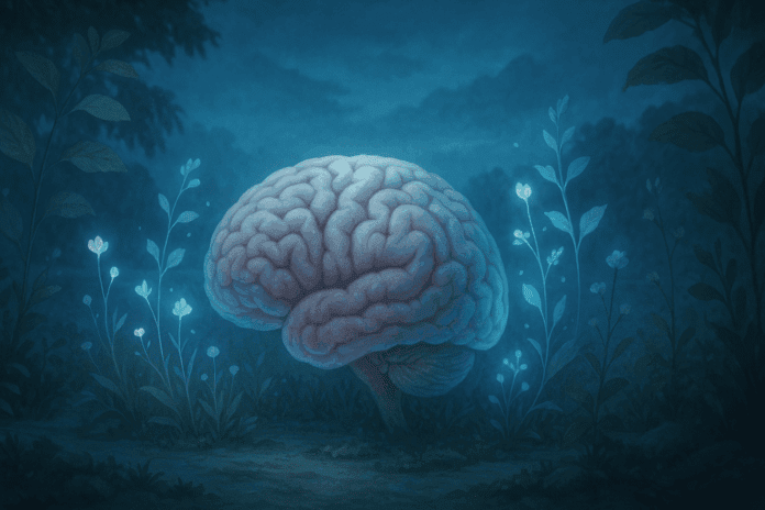 Realistic digital painting of a human brain surrounded by glowing blue plants and serene natural elements, symbolizing brain health and answering what can I take for anxiety.