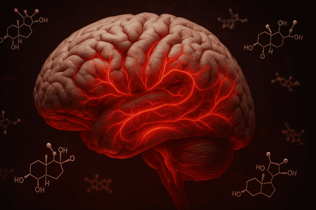 Detailed illustration of a stressed human brain with red-lit neural pathways and cortisol molecules interacting, visualizing What can I take for anxiety neurobiology.