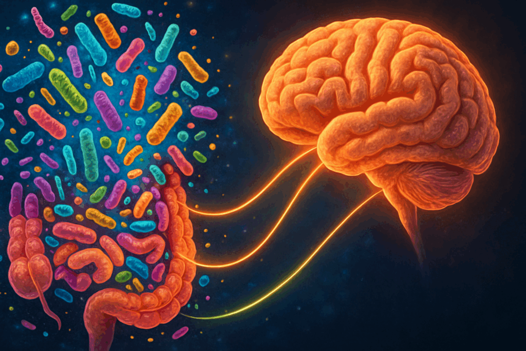 Colorful gut microbiota connecting to a calm brain through glowing pathways, symbolizing natural solutions for what can I take for anxiety.