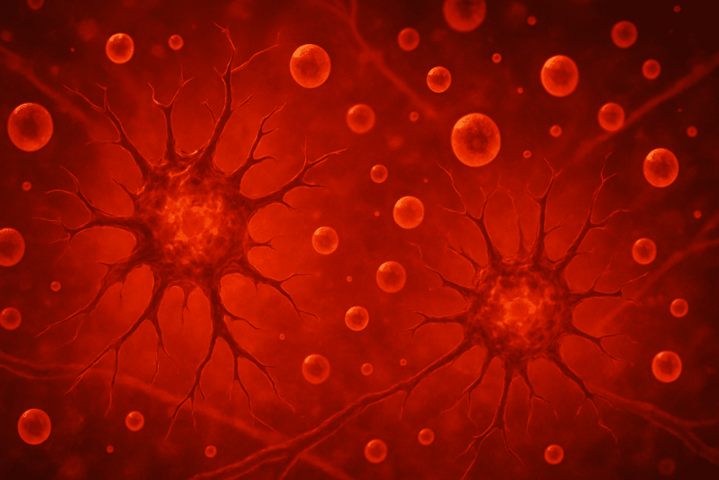Inflamed brain cells surrounded by cytokines in a stressed neural environment, illustrating What can I take for anxiety effects on brain inflammation.