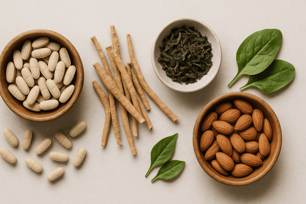Natural calming supplements including ashwagandha, green tea leaves, magnesium-rich almonds, and spinach for what can I take for anxiety.