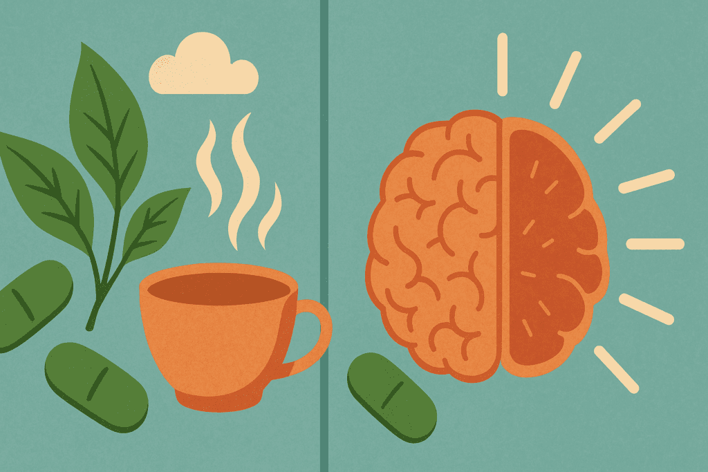 Infographic comparing natural supplements like tea leaves, green capsules, and a brain graphic to answer what can I take for anxiety while staying focused.