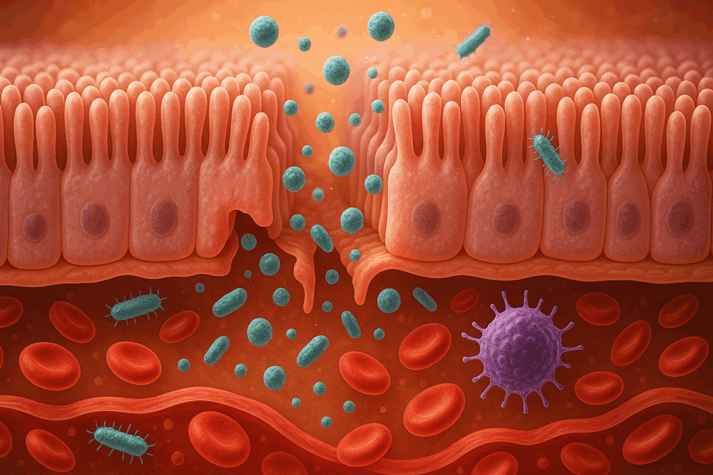 Microscopic view of harmful gut bacteria leaking through damaged intestinal lining into the bloodstream, triggering an immune response.