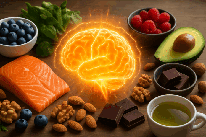 Glowing healthy brain surrounded by all-natural energy boosters like salmon, blueberries, leafy greens, avocado, nuts, dark chocolate, and green tea.
