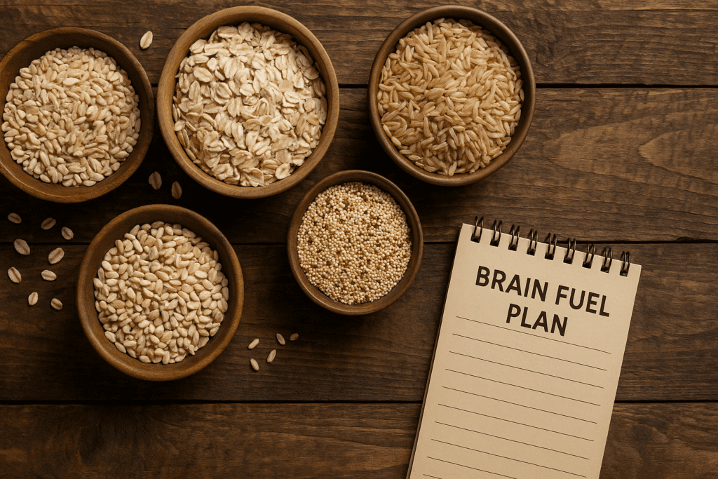 Rustic kitchen table with bowls of oats, brown rice, quinoa, and barley next to a blank notepad, highlighting all-natural energy boosters.