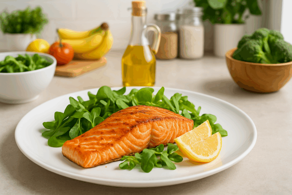Grilled salmon filet with fresh greens and lemon slices on a kitchen counter, highlighting healthy eating and All-Natural Energy Boosters.