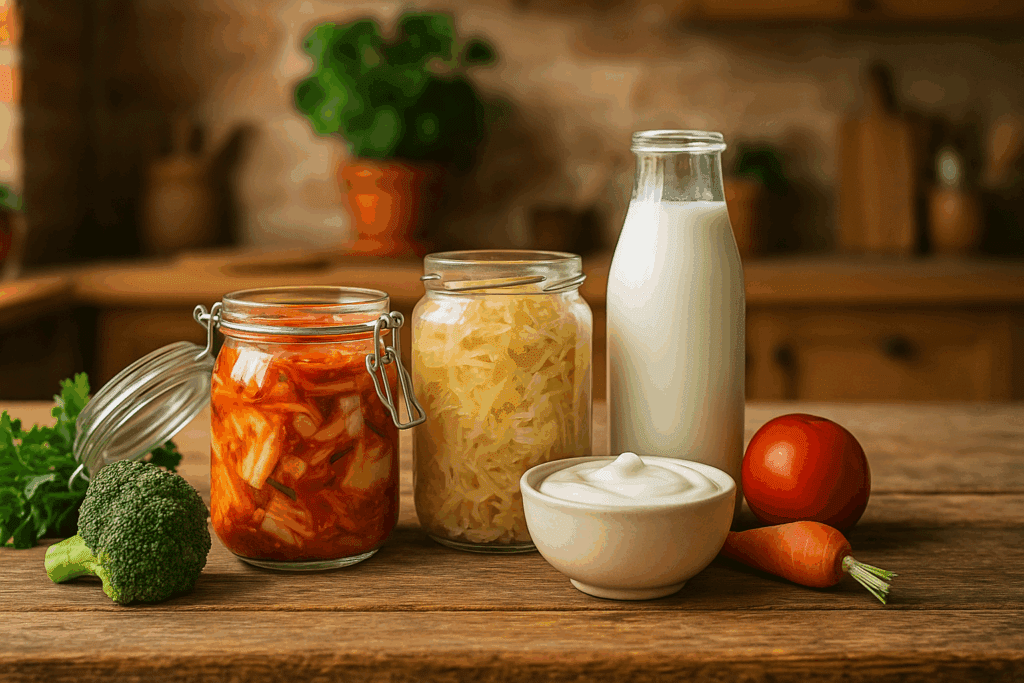 Fresh display of all-natural energy boosters with jars of kimchi, sauerkraut, yogurt, and kefir on a rustic farmhouse table.