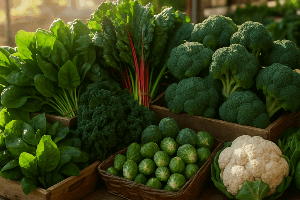 Fresh display of spinach, kale, Swiss chard, broccoli, Brussels sprouts, and cauliflower at a sunny farmer’s market, showcasing all-natural energy boosters.