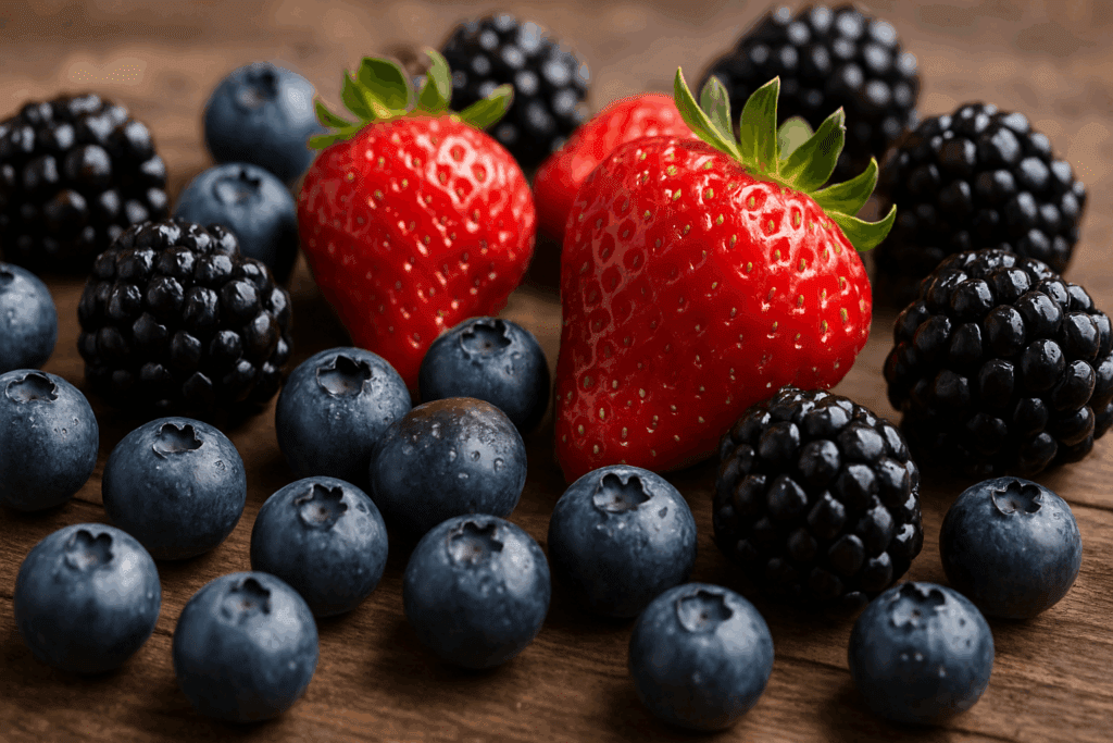 Fresh blueberries, strawberries, and blackberries glistening with dew on a rustic wooden surface, representing All-Natural Energy Boosters.