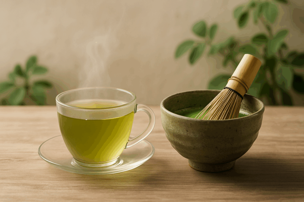 Steaming cup of green tea beside a traditional matcha bowl and bamboo whisk on a wooden table, symbolizing all-natural energy boosters in a serene, zen setting.