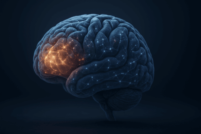 Understanding the Cerebrum: A detailed, anatomically accurate depiction of the human brain glowing with neural lights, highlighting the frontal and temporal lobes to emphasize their role in cognitive function and mental health.
