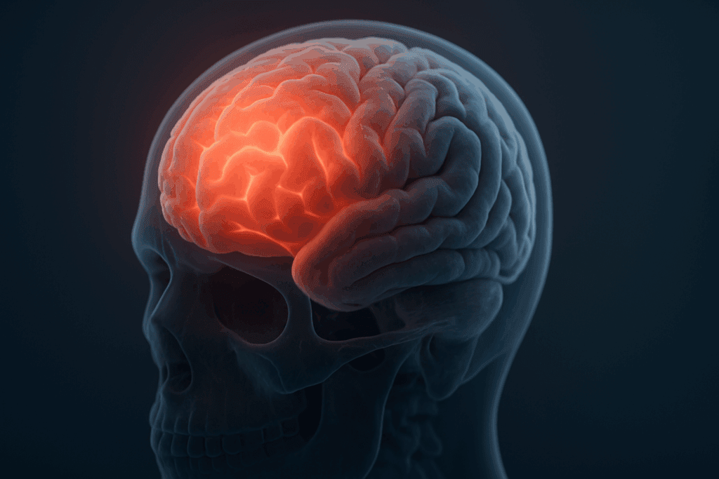 3D rendering of a transparent human skull highlighting the frontal lobe with soft lighting, illustrating emotional control and decision-making centers for understanding the cerebrum.