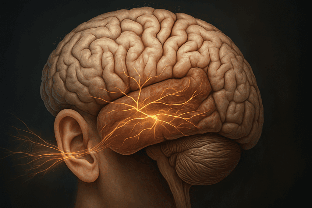 Side view of a human brain highlighting the temporal lobe with glowing neural pathways from the ear to memory centers, illustrating Understanding the Cerebrum